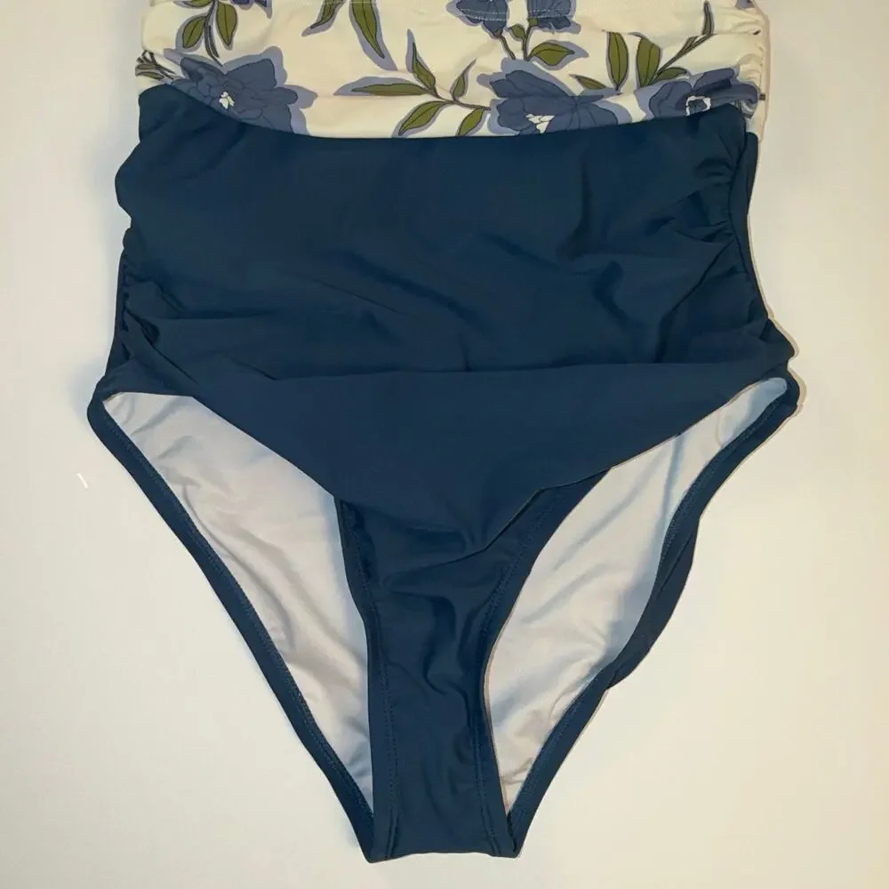 CUPSHE Floral Halter One-Piece Swimsuit Navy Blue Cream NEW Size M D/DD Bust